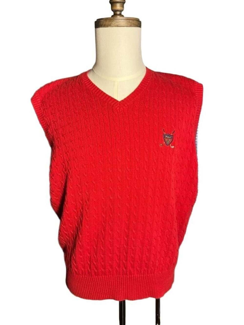 Polo Golf Ralph Lauren Sweater Vest Size L Red Cable Knit Crest V-Neck h1581